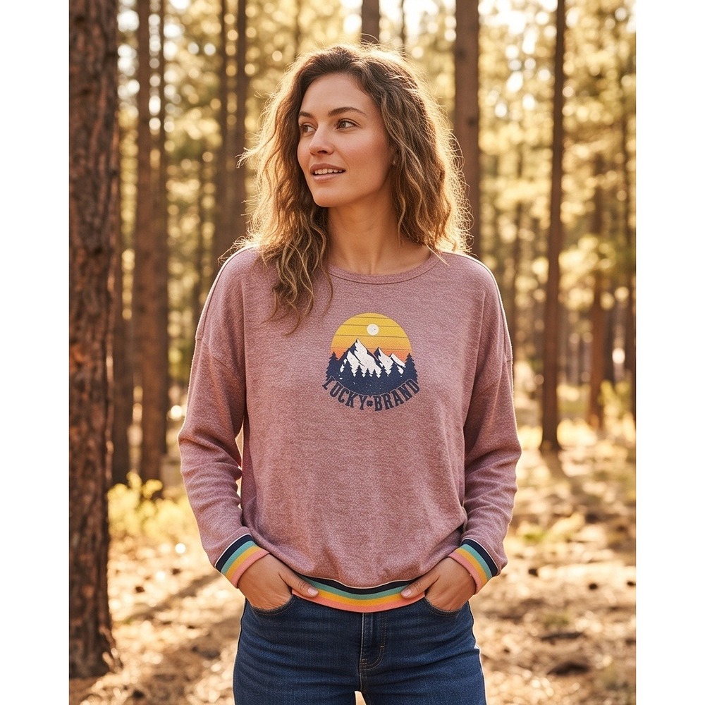 Lucky Brand XL Mauve Pink Mountain Graphic Vintage Look Sweatshirt Cozy